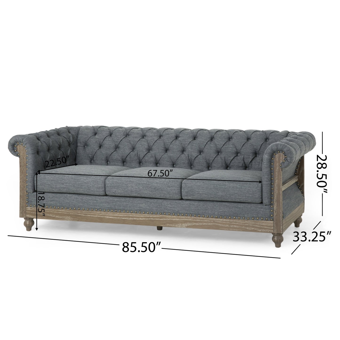 Charcoal Chesterfield Button Tufted 3-seater Sofa with Wood Legs
