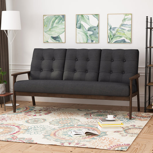 Charcoal Grey Mid Century Button Tufted 3-seater Sofa with Rubberwood Legs
