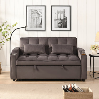 Charcoal Grey Modern Velvet 3 in 1 Convertible Sleeper Loveseat Futon Sofa with Adjustable Reclining Backrest and Toss Pillows