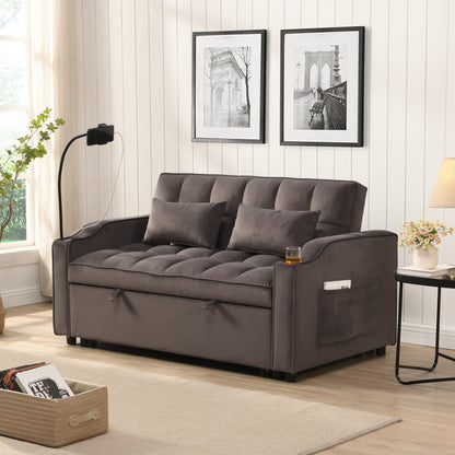 Charcoal Grey Modern Velvet 3 in 1 Convertible Sleeper Loveseat Futon Sofa with Adjustable Reclining Backrest and Toss Pillows