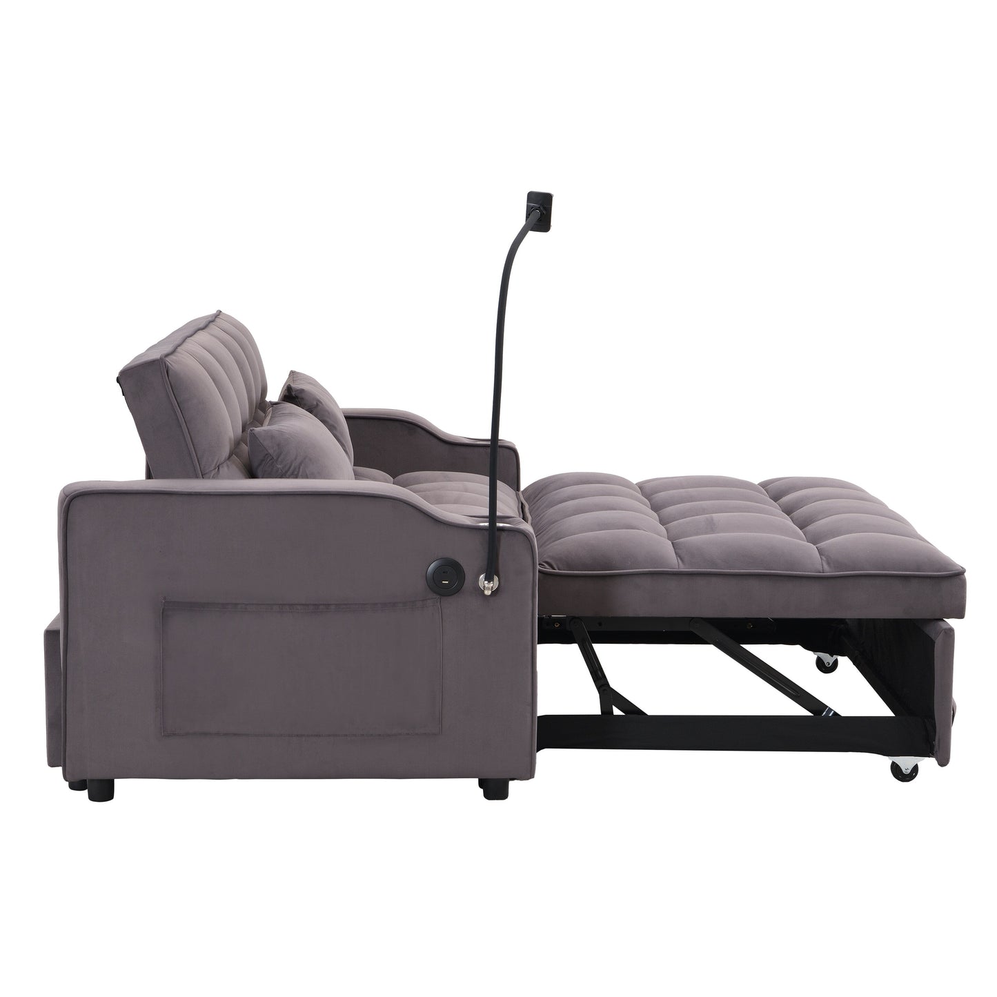 Charcoal Grey Modern Velvet 3 in 1 Convertible Sleeper Loveseat Futon Sofa with Adjustable Reclining Backrest and Toss Pillows
