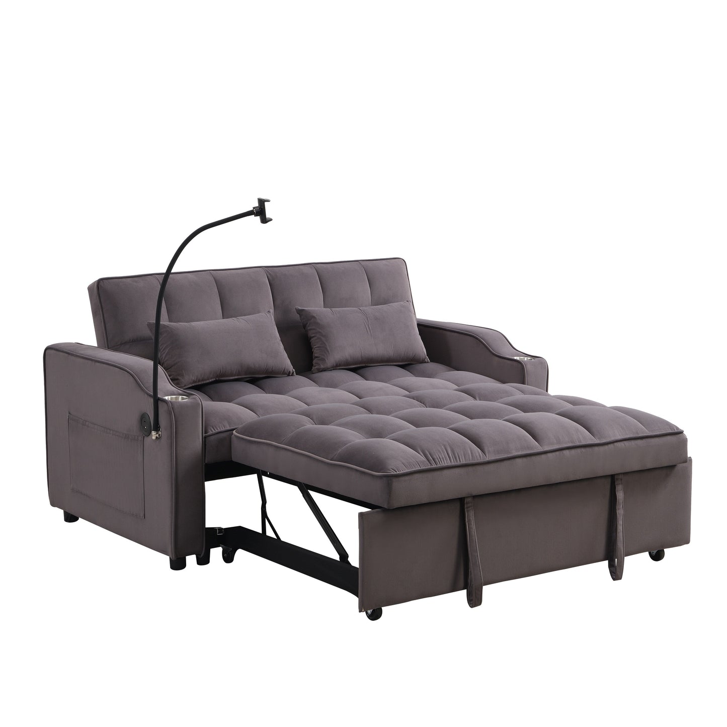 Charcoal Grey Modern Velvet 3 in 1 Convertible Sleeper Loveseat Futon Sofa with Adjustable Reclining Backrest and Toss Pillows