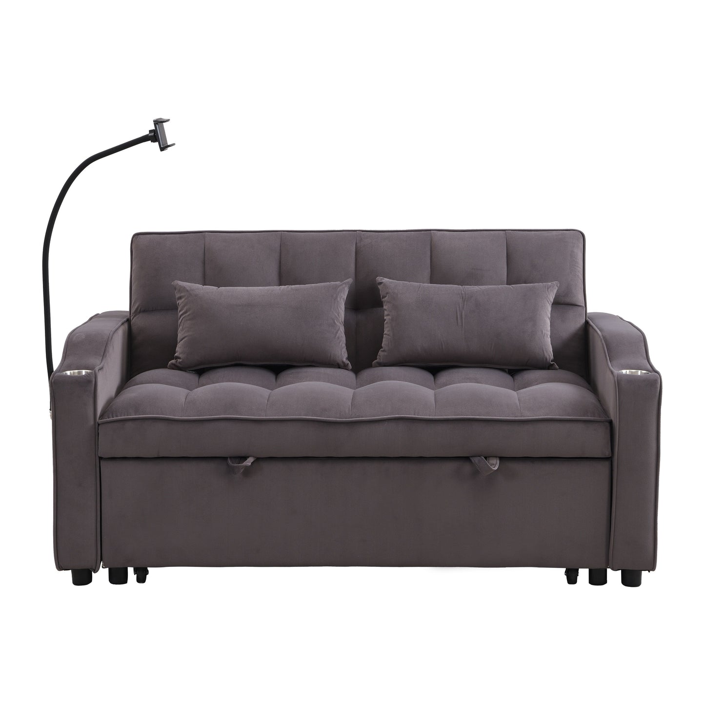 Charcoal Grey Modern Velvet 3 in 1 Convertible Sleeper Loveseat Futon Sofa with Adjustable Reclining Backrest and Toss Pillows