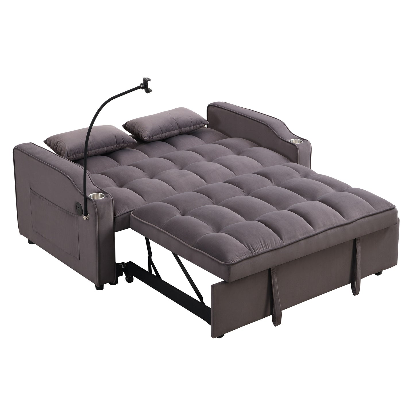 Charcoal Grey Modern Velvet 3 in 1 Convertible Sleeper Loveseat Futon Sofa with Adjustable Reclining Backrest and Toss Pillows