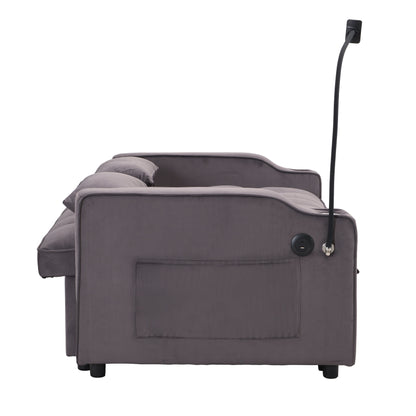 Charcoal Grey Velvet Sofa Bed with Trundle Full Size Convertible Adjustable Back USB Charging Easy Assembly