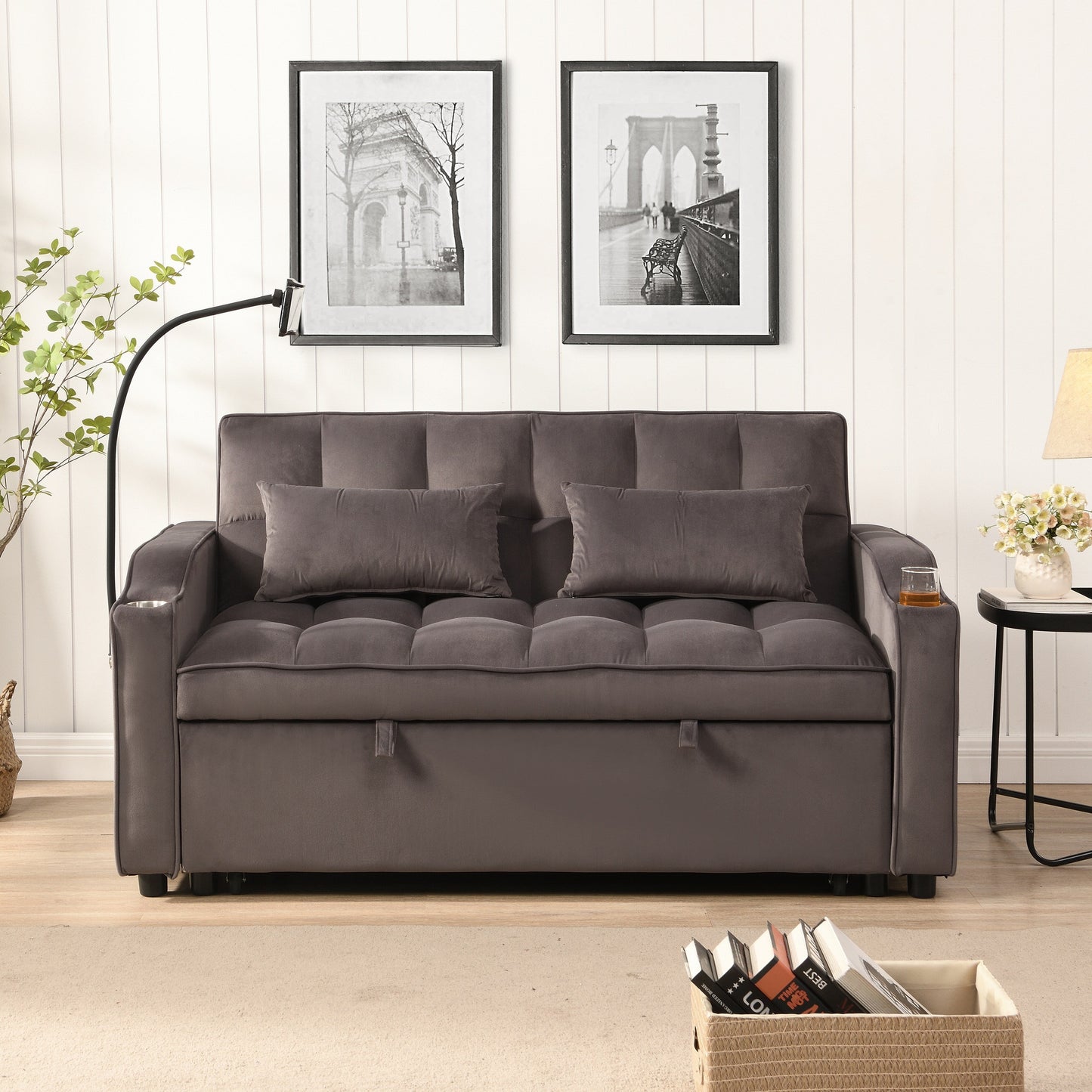 Charcoal Grey Velvet Sofa Bed with Trundle Full Size Convertible Adjustable Back USB Charging Easy Assembly