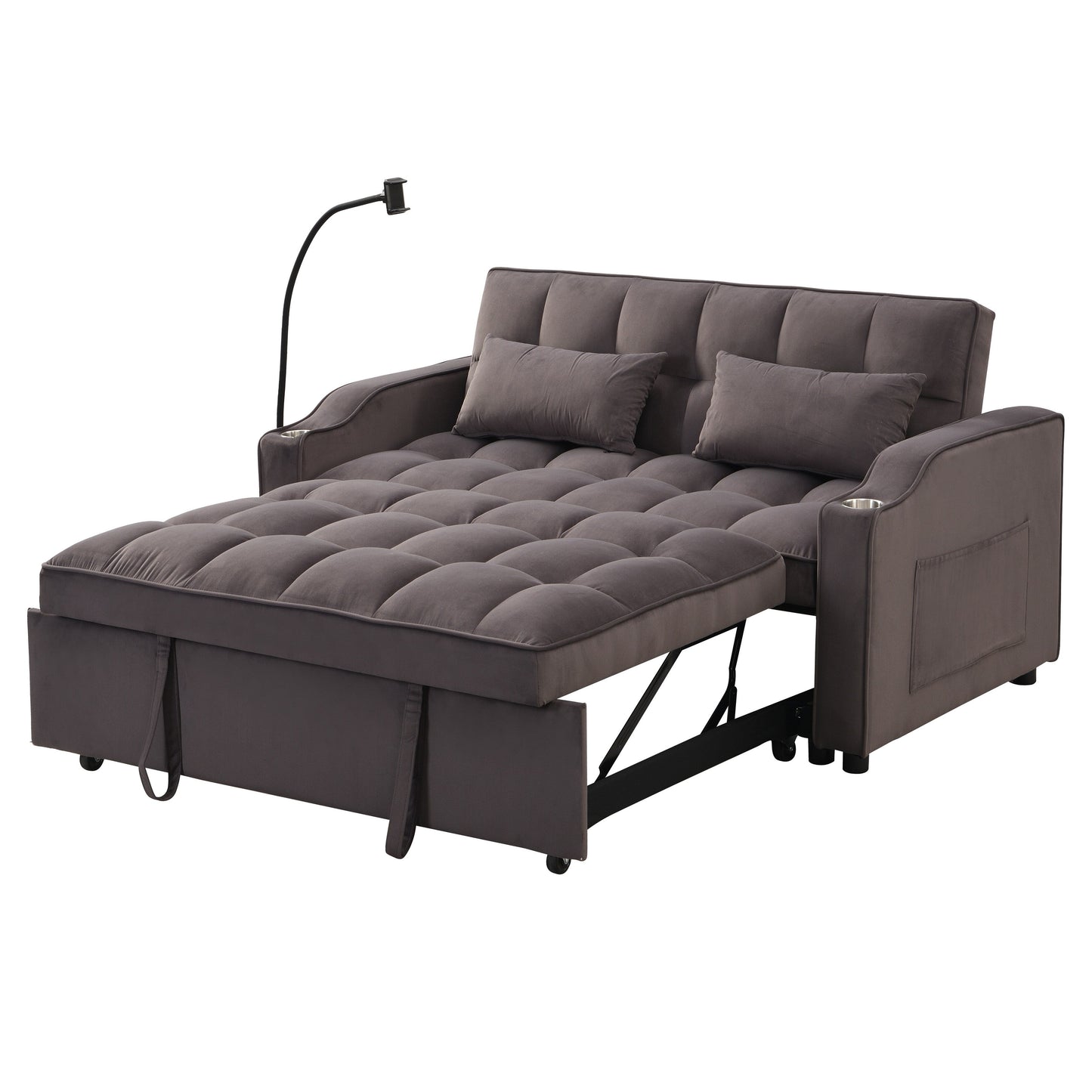 Charcoal Grey Velvet Sofa Bed with Trundle Full Size Convertible Adjustable Back USB Charging Easy Assembly