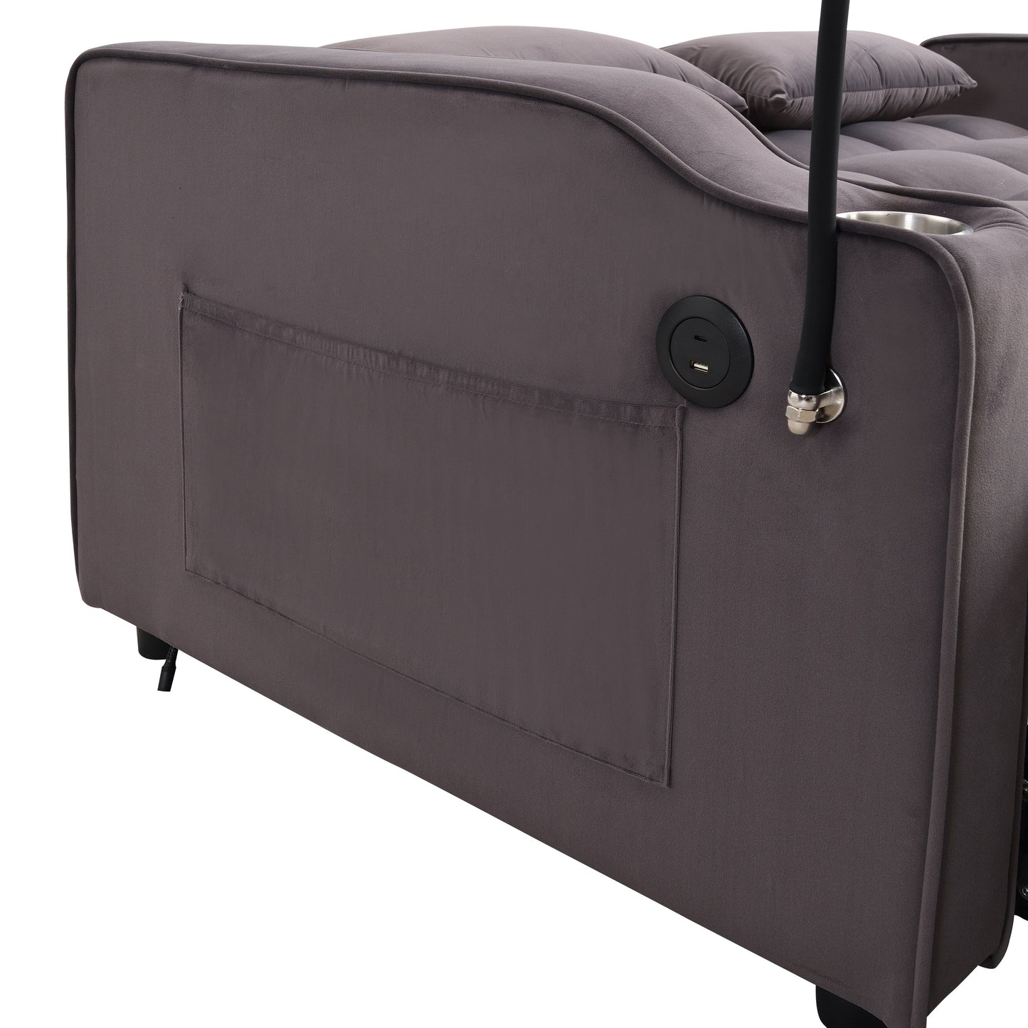 Charcoal Grey Velvet Sofa Bed with Trundle Full Size Convertible Adjustable Back USB Charging Easy Assembly