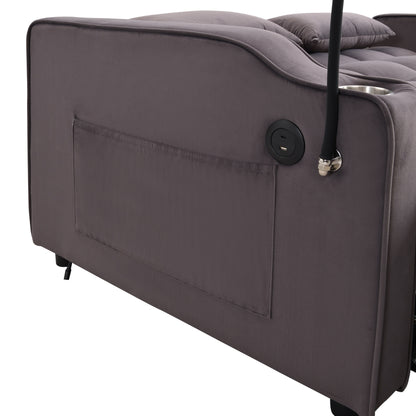 Charcoal Grey Velvet Sofa Bed with Trundle Full Size Convertible Adjustable Back USB Charging Easy Assembly