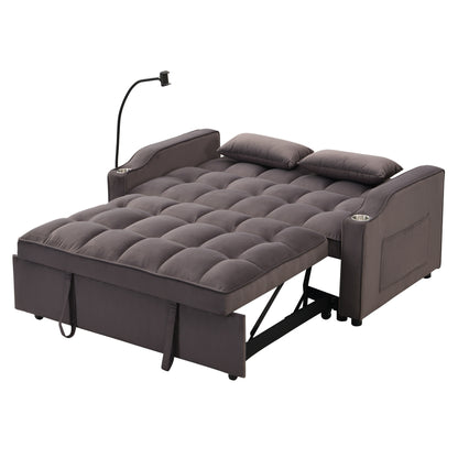 Charcoal Grey Velvet Sofa Bed with Trundle Full Size Convertible Adjustable Back USB Charging Easy Assembly