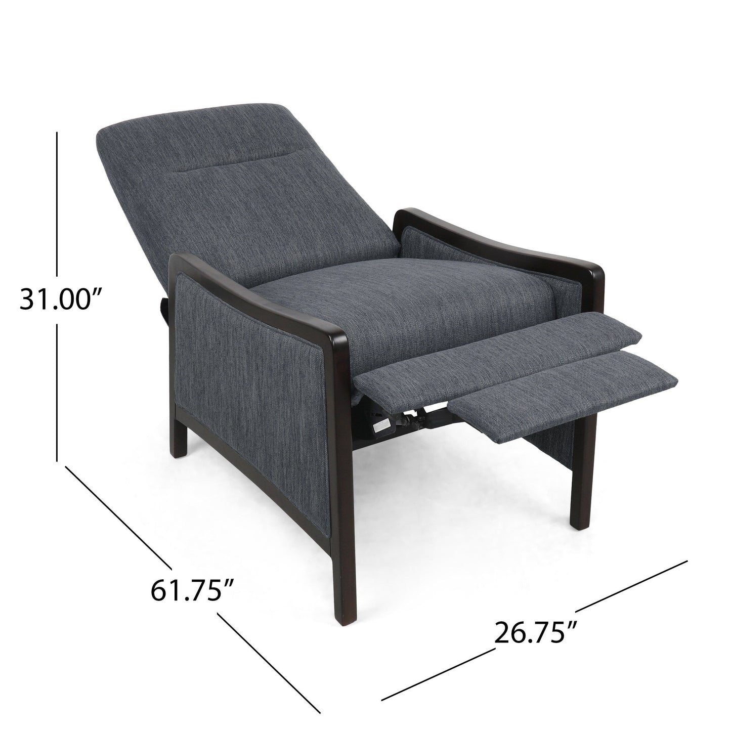 Charcoal Mid-Century Upholstered Push-Back Recliner with Footrest and Birch Wood Frame