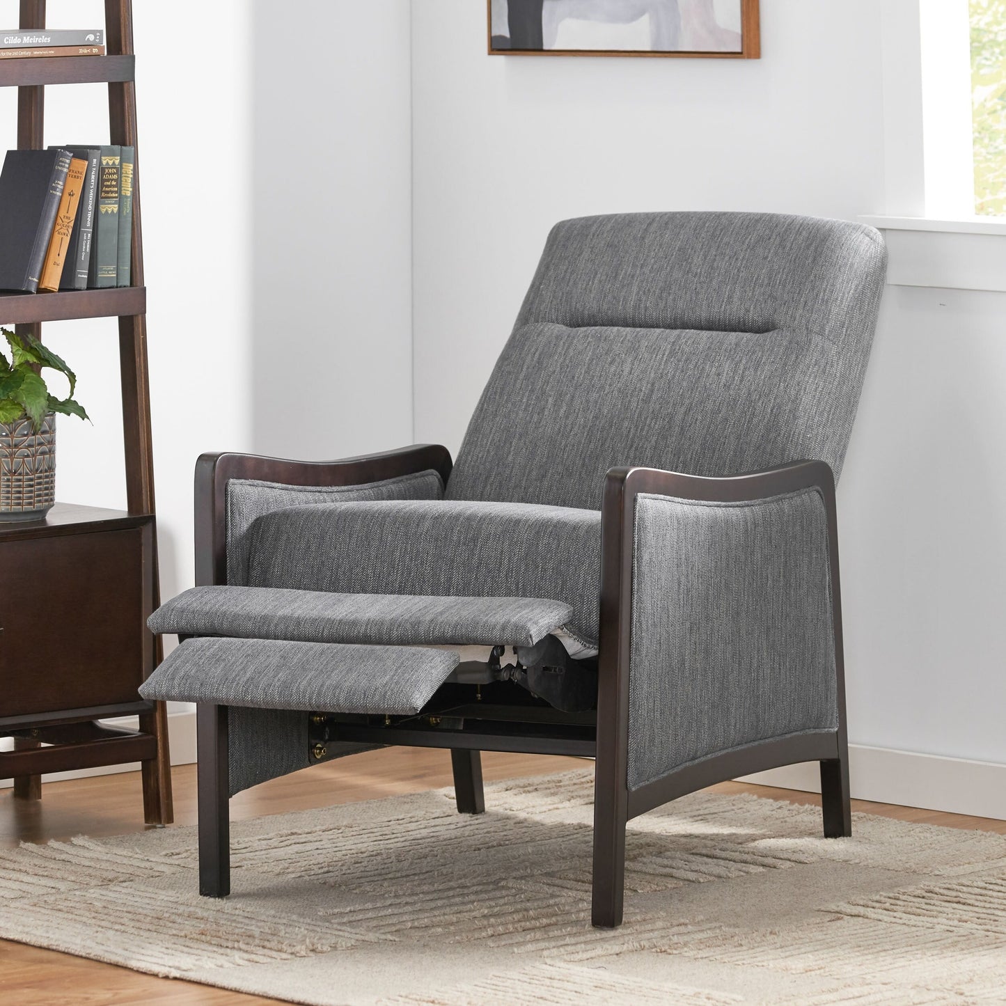 Charcoal Mid-Century Upholstered Push-Back Recliner with Footrest and Birch Wood Frame