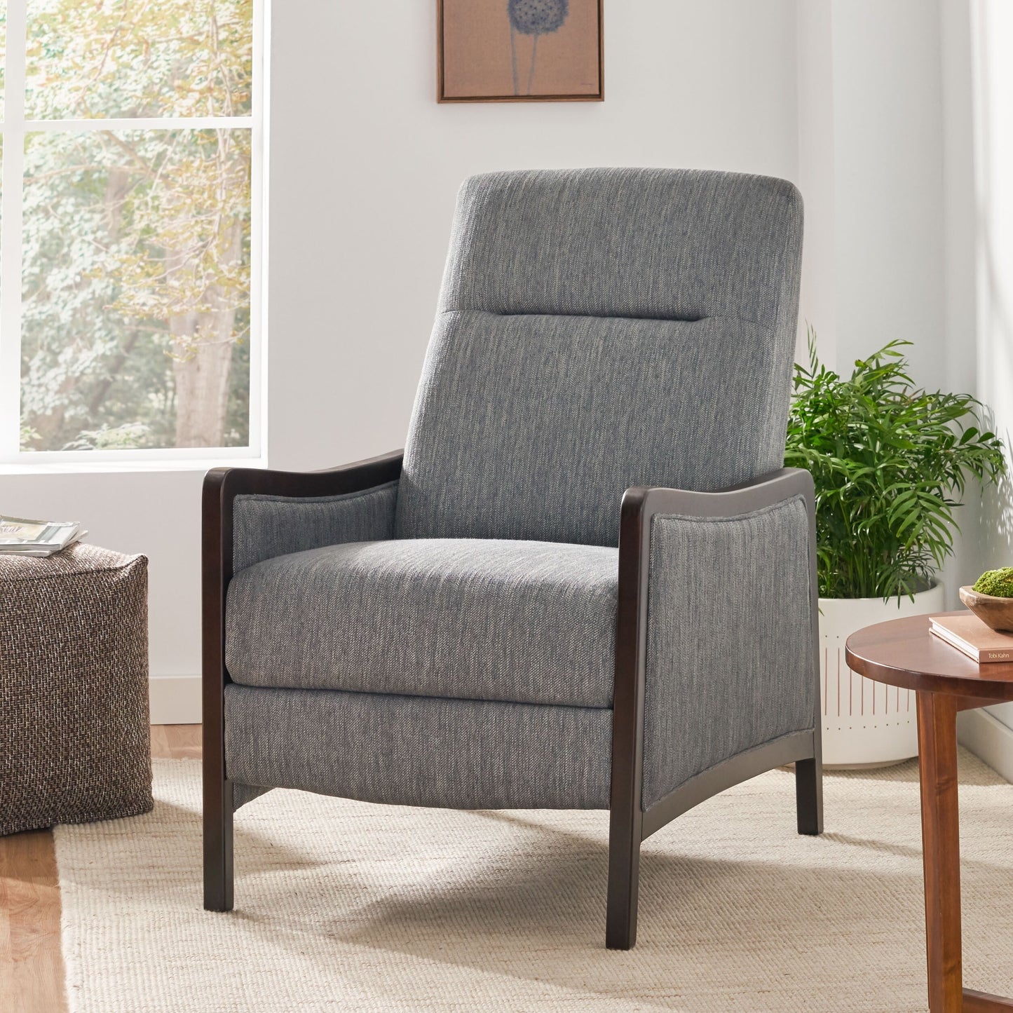 Charcoal Mid-Century Upholstered Push-Back Recliner with Footrest and Birch Wood Frame