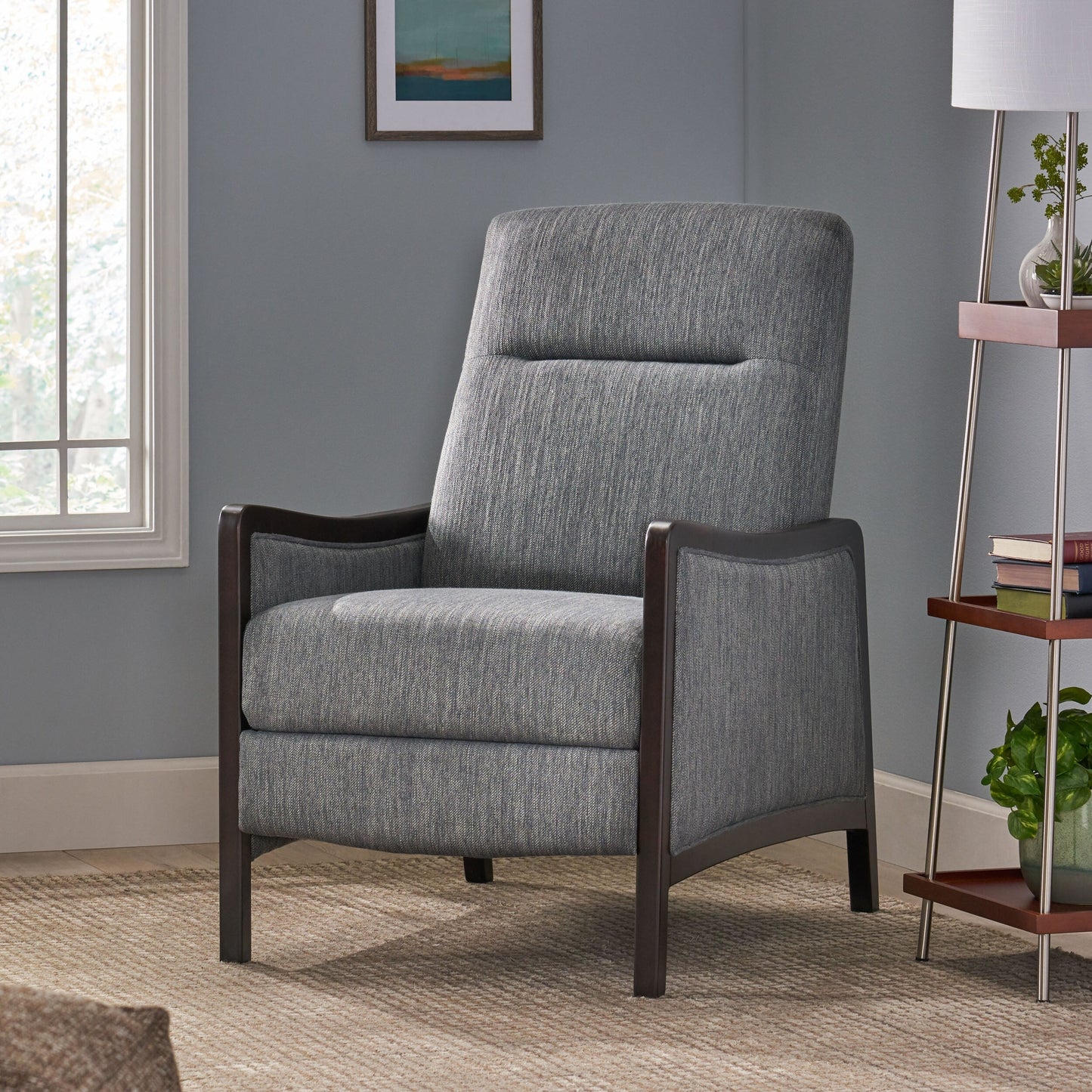 Charcoal Mid-Century Upholstered Push-Back Recliner with Footrest and Birch Wood Frame