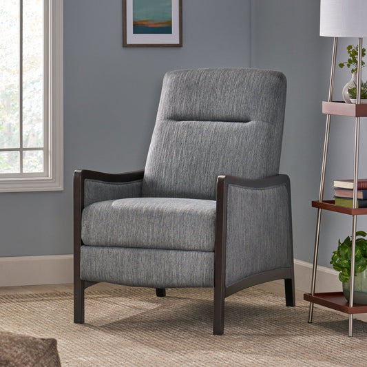 Charcoal Mid-Century Upholstered Push-Back Recliner with Footrest and Birch Wood Frame