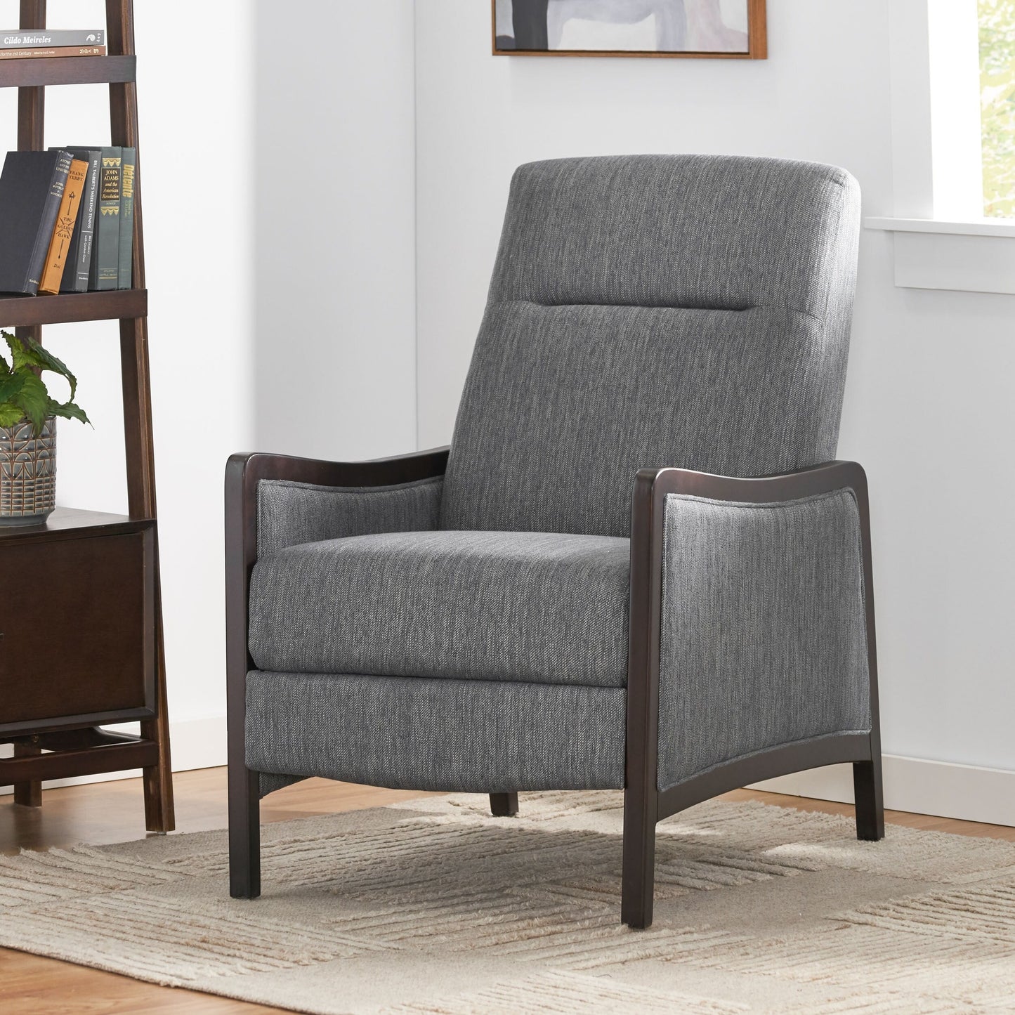 Charcoal Mid-Century Upholstered Push-Back Recliner with Footrest and Birch Wood Frame