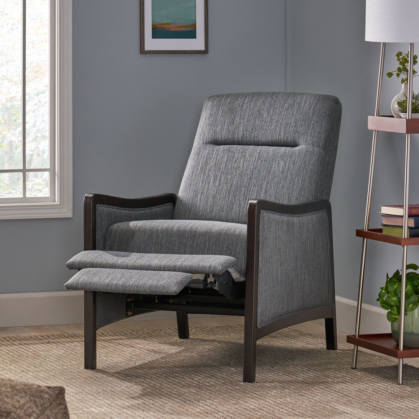 Charcoal Mid-Century Upholstered Push-Back Recliner with Footrest and Birch Wood Frame