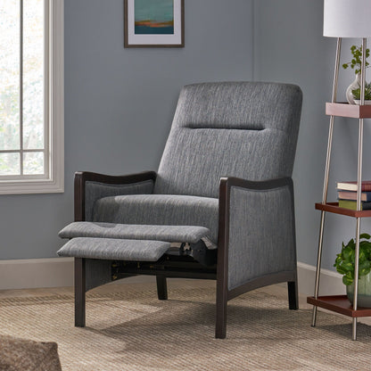 Charcoal Mid-Century Upholstered Push-Back Recliner with Footrest and Birch Wood Frame