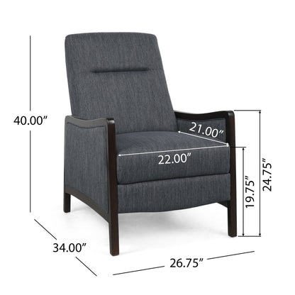 Charcoal Mid-Century Upholstered Push-Back Recliner with Footrest and Birch Wood Frame