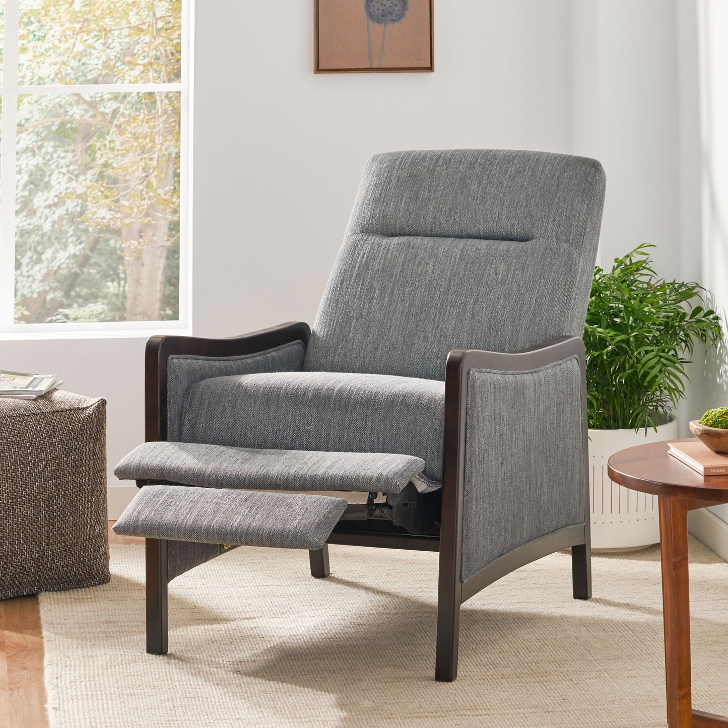 Charcoal Mid-Century Upholstered Push-Back Recliner with Footrest and Birch Wood Frame