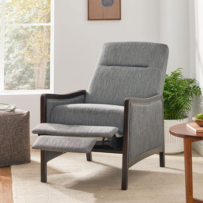 Charcoal Mid-Century Upholstered Push-Back Recliner with Footrest and Birch Wood Frame