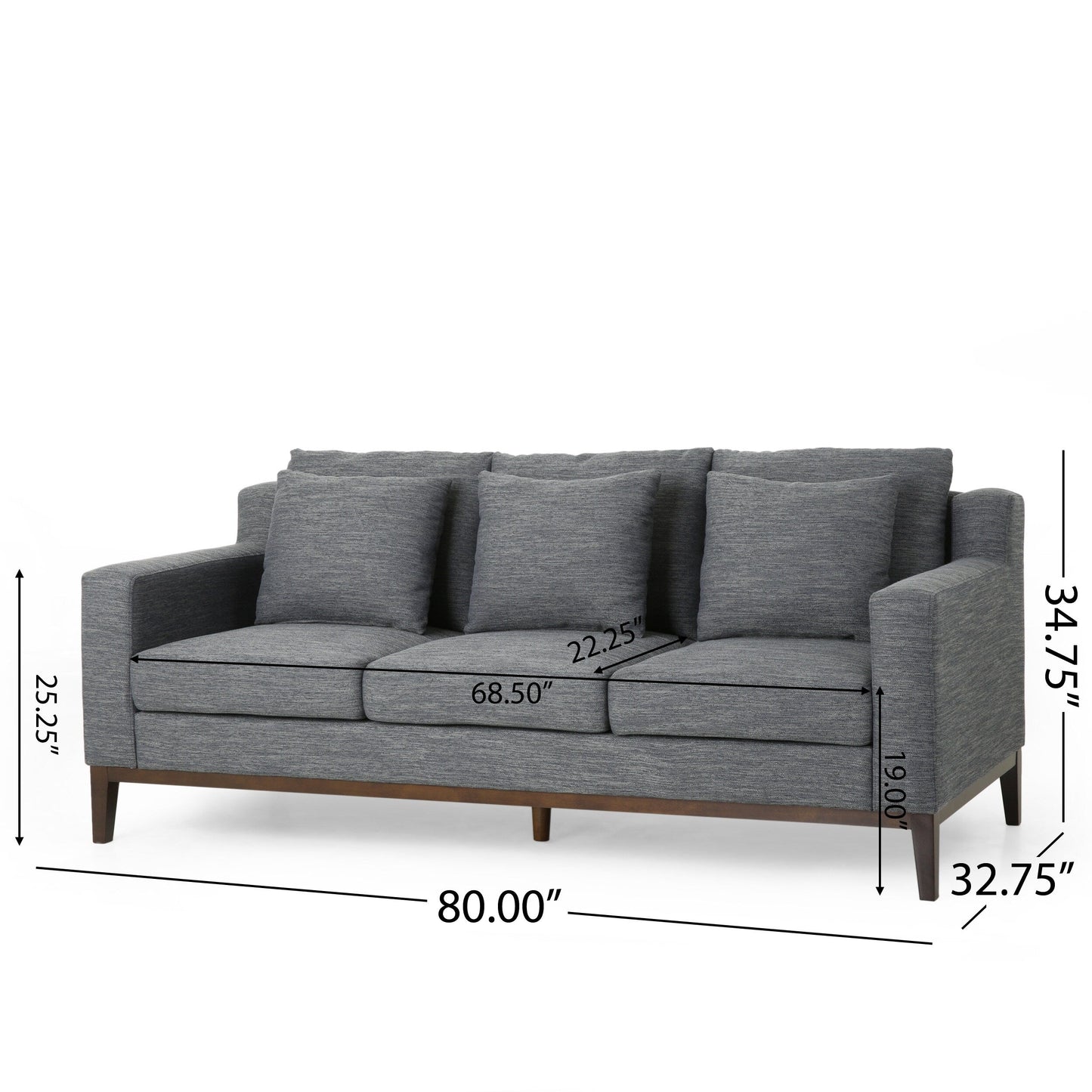 Charcoal Modern 80 3-seater Sofa with Wood Legs and Matching Pillows for Living Room
