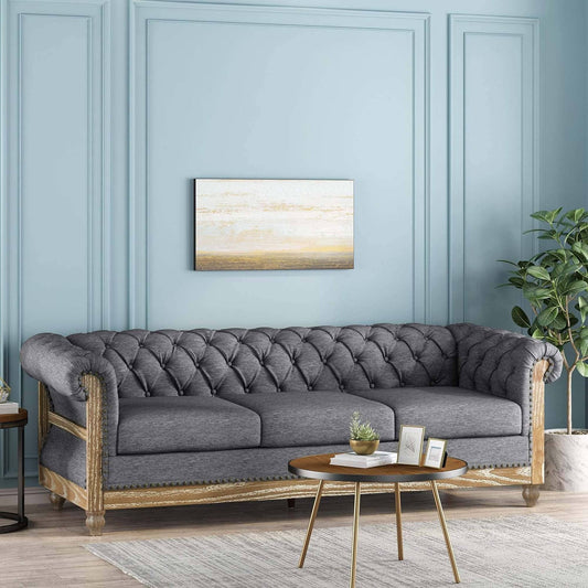 Charcoal Retro Style 85.5 Chesterfield Button Tufted 3-seater Sofa with Wood Legs for Living Room