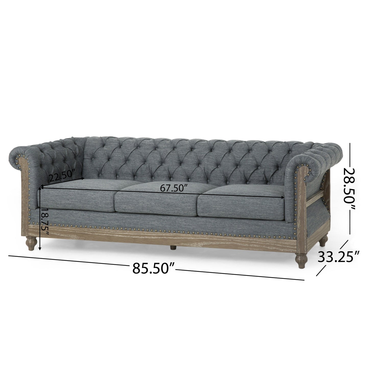 Charcoal Retro Style 85.5 Chesterfield Button Tufted 3-seater Sofa with Wood Legs for Living Room