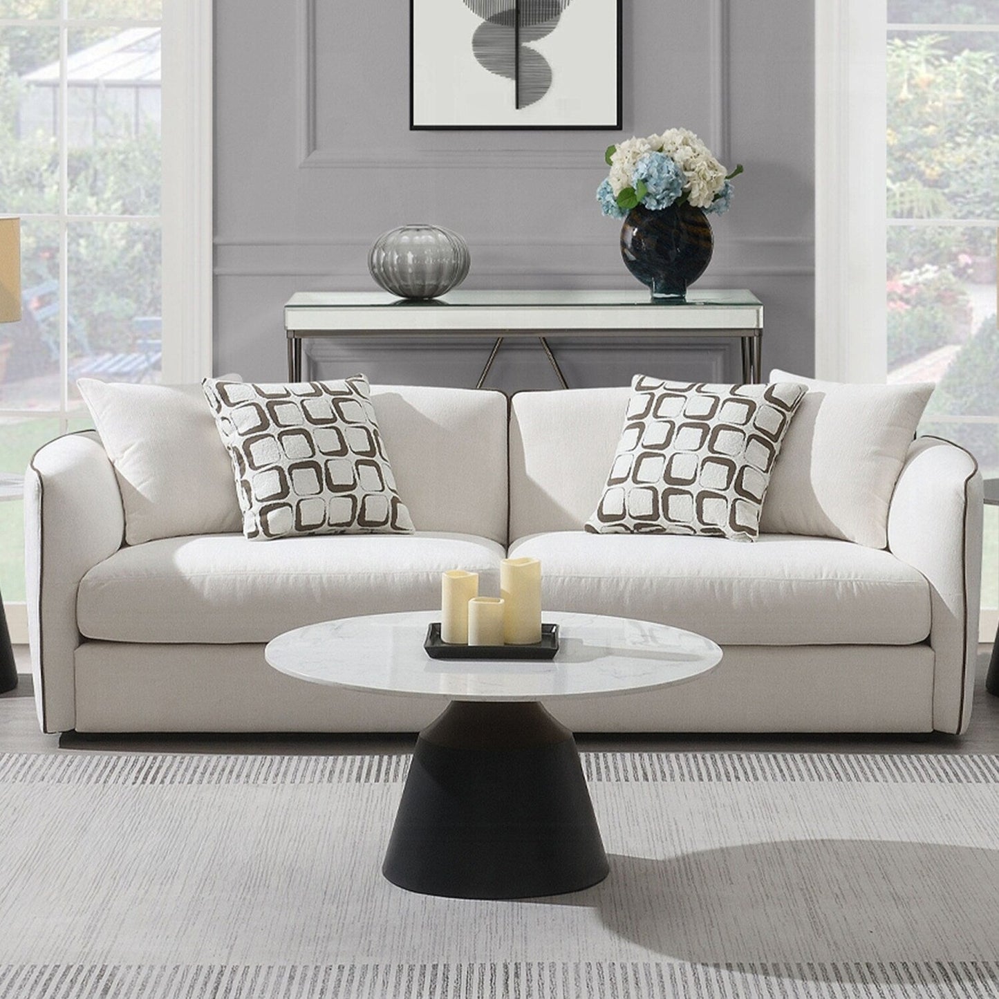 Chenille Upholstered Sofa with 4 Pillows in Beige