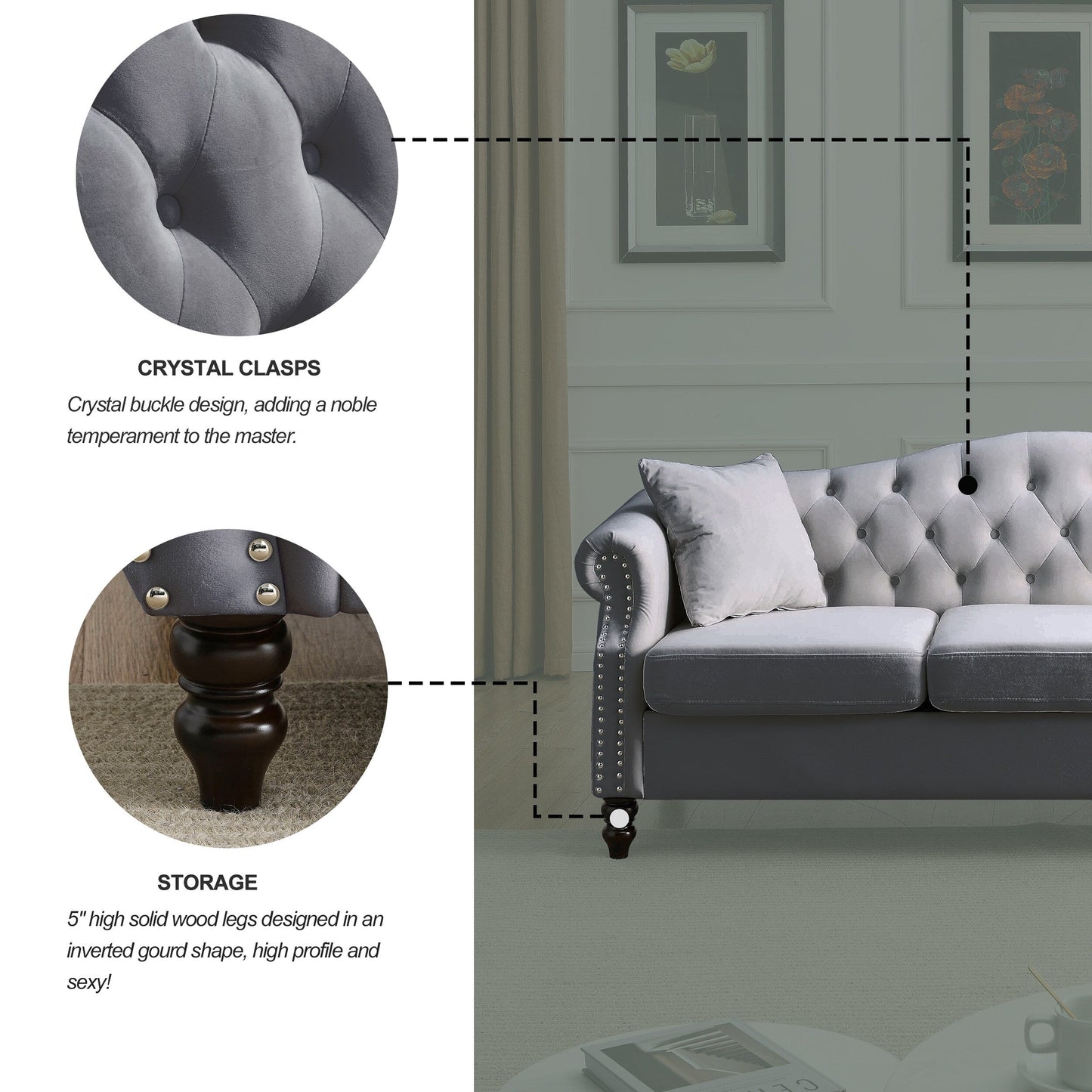 Chesterfield 3-Seater Upholstered Tufted Sofa with Rolled Arms and Nailhead