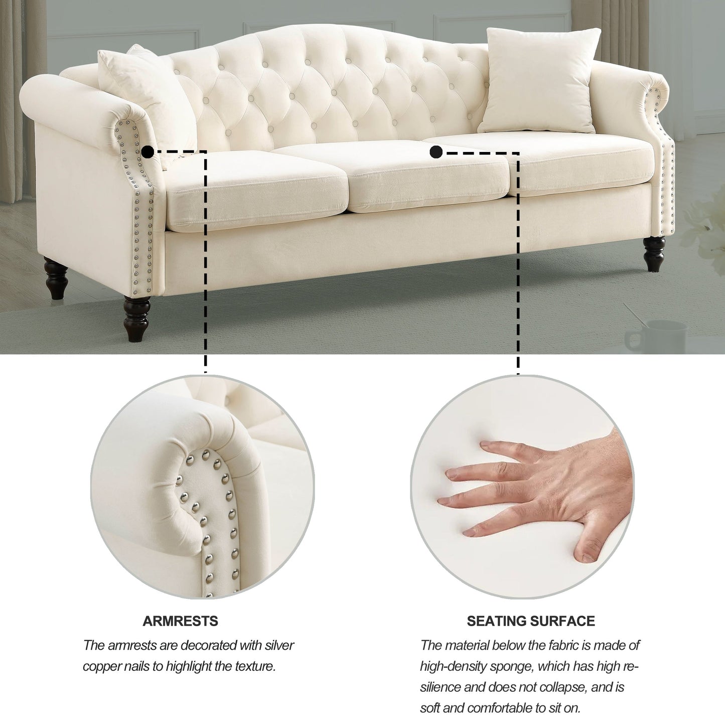 Chesterfield 3-Seater Upholstered Tufted Sofa with Rolled Arms and Nailhead