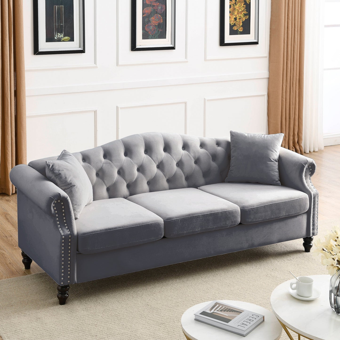 Chesterfield 3-Seater Upholstered Tufted Sofa with Rolled Arms and Nailhead