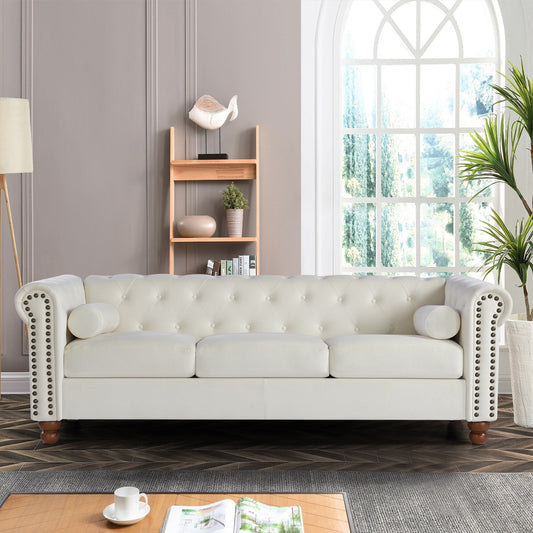 Chesterfield 74.5 Button Tufted Upholstered 3-seater Sofa with Nailheads and Pillows for Living Room