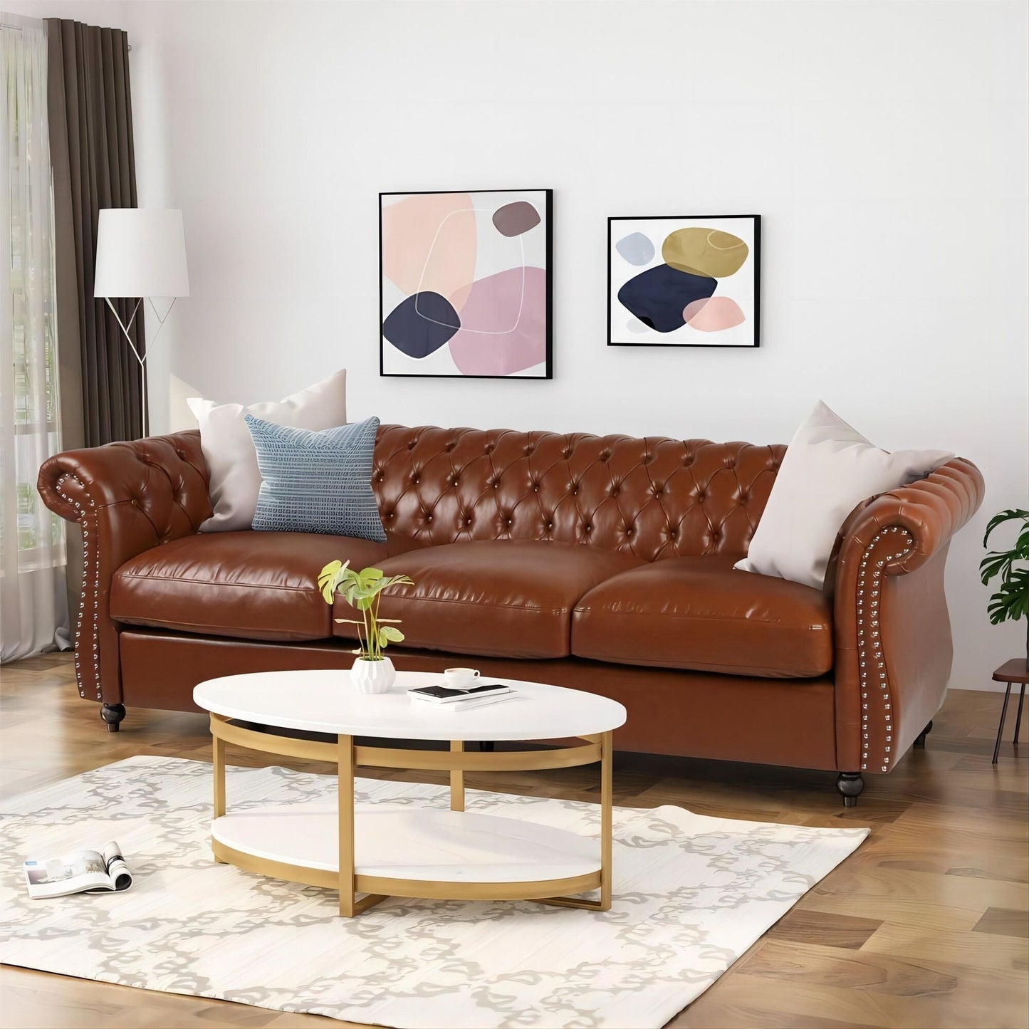 Chesterfield 84.75 Button Tufted Upholstered 3-seater Sofa with Nailheads and Wood Legs for Living Room