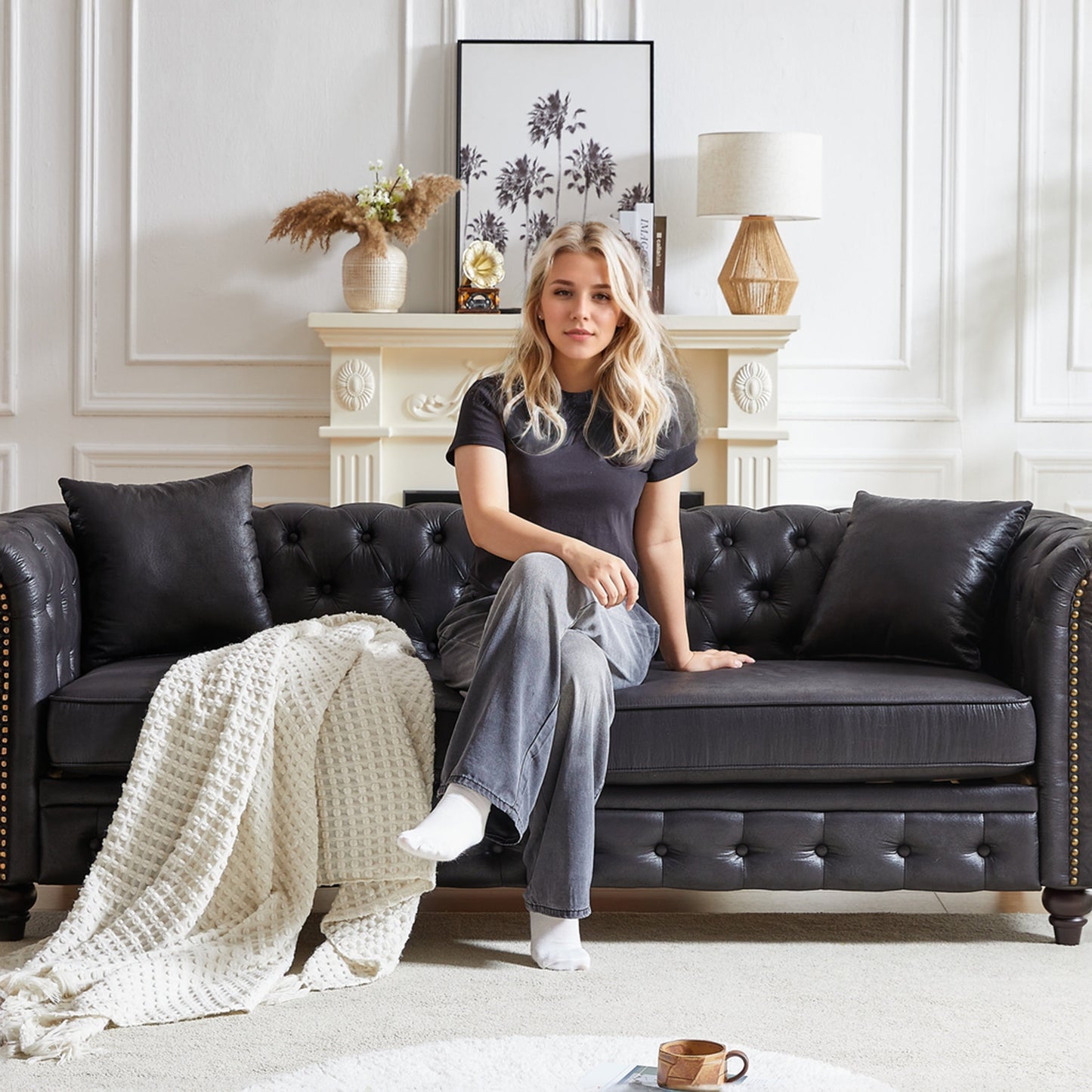 Chesterfield 85.5 Tech Fabric 3-seater Sofa with Cushions