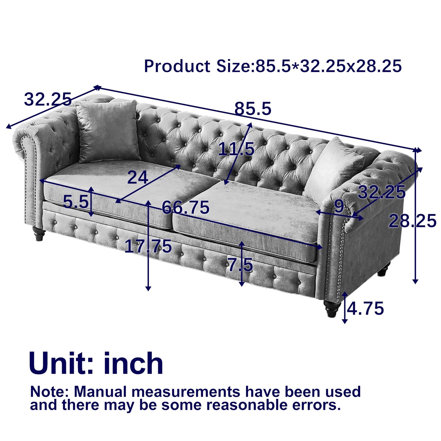 Chesterfield 85.5 Tech Fabric 3-seater Sofa with Cushions