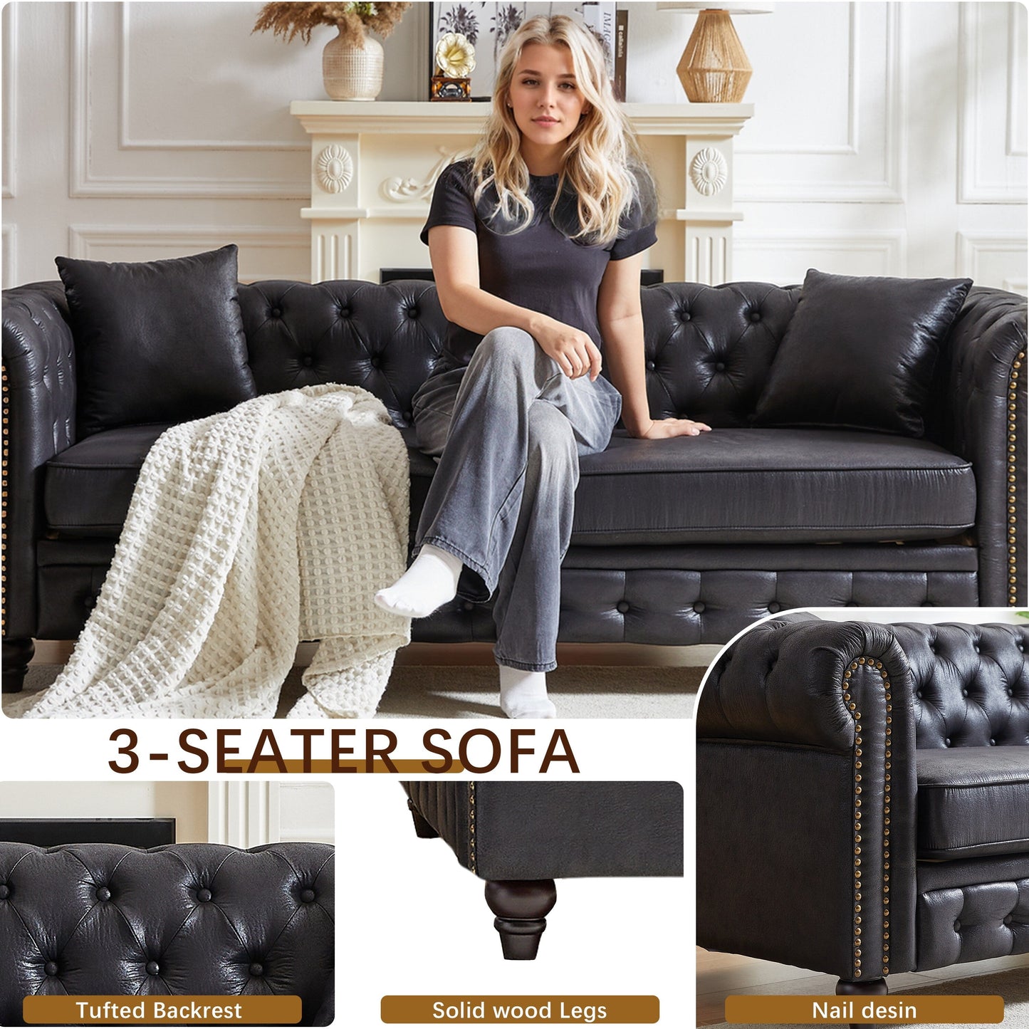Chesterfield 85.5 Tech Fabric 3-seater Sofa with Cushions
