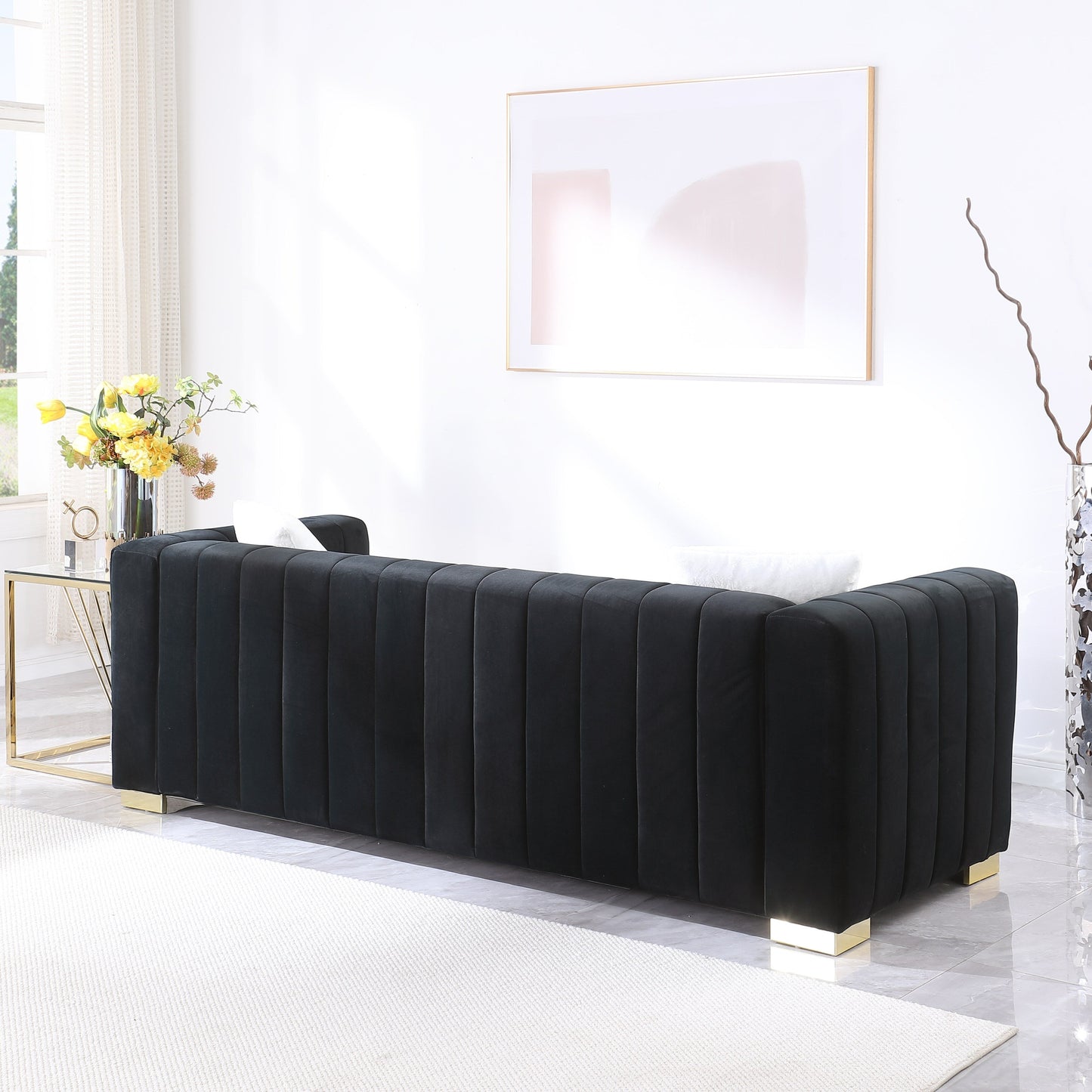 Chesterfield 87.01 Velvet Channel Tufted 3-seater Sofa with Pillows for Living Room