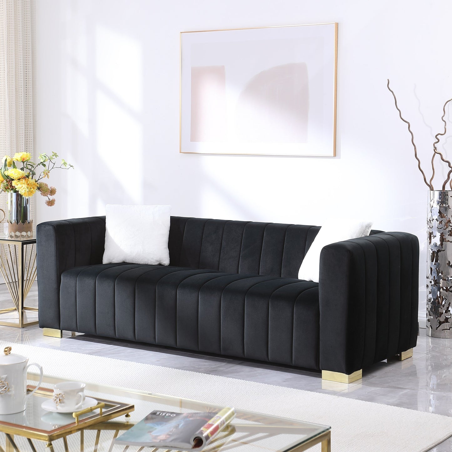Chesterfield 87.01 Velvet Channel Tufted 3-seater Sofa with Pillows for Living Room
