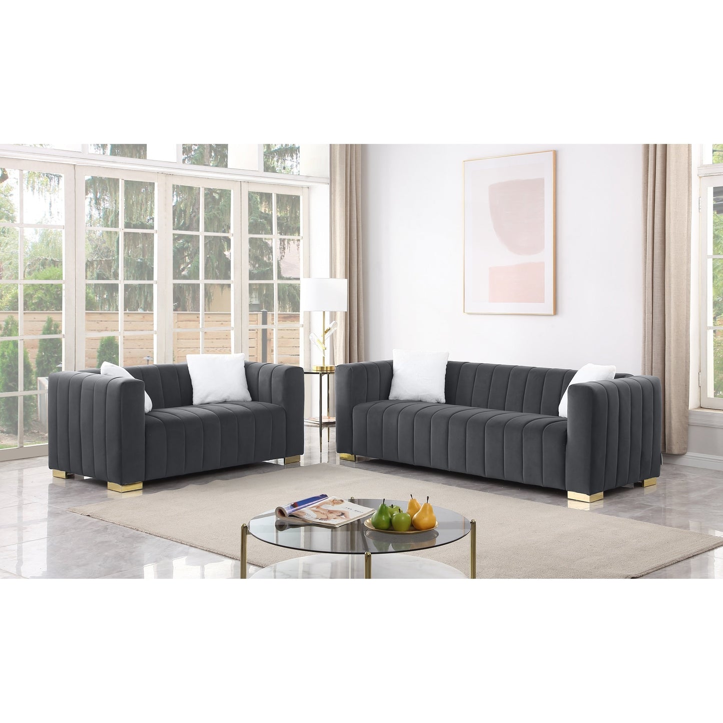 Chesterfield 87.01 Velvet Channel Tufted 3-seater Sofa with Pillows for Living Room