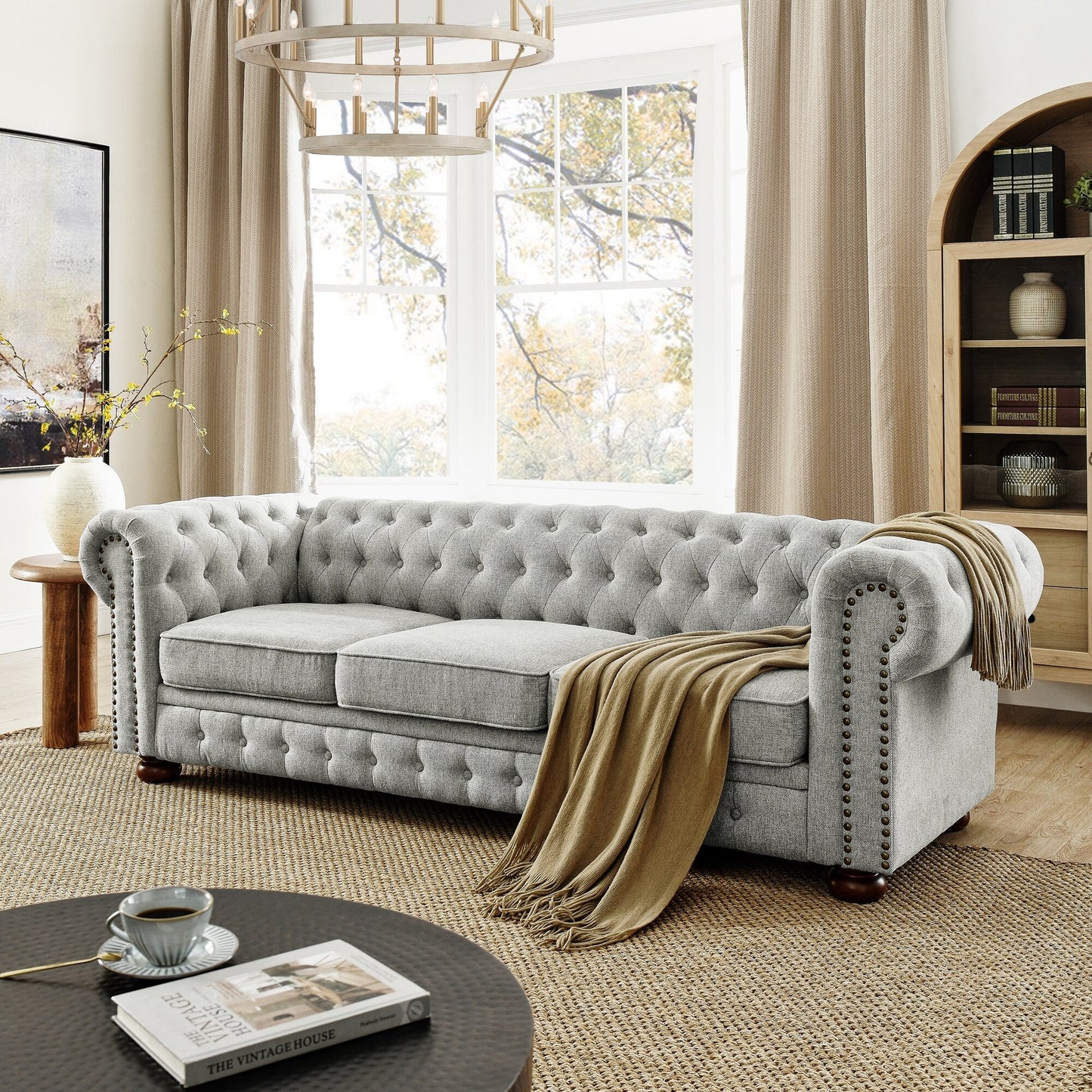 Chesterfield Sofa Tufted Upholstered PU 3-Seater Sofa Scrolled Arms with Nailhead Decoration