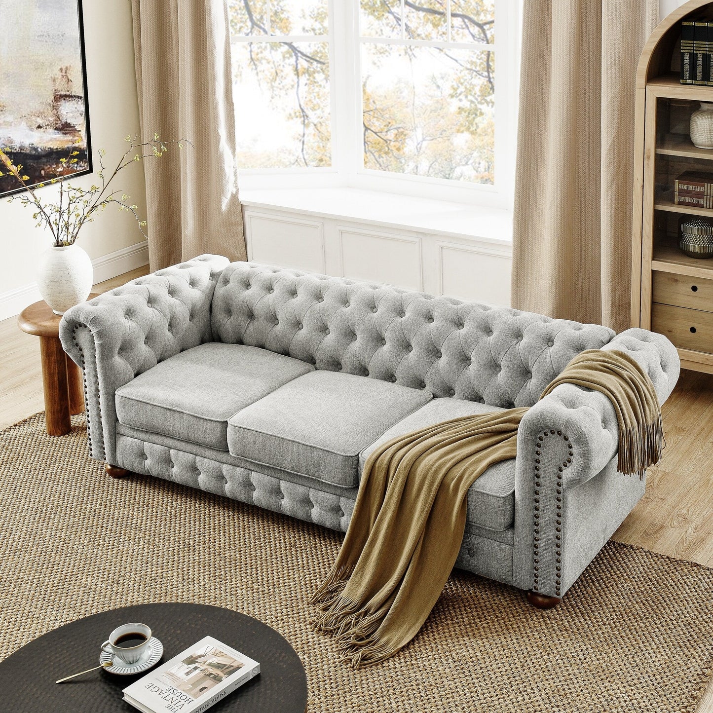 Chesterfield Sofa Tufted Upholstered PU 3-Seater Sofa Scrolled Arms with Nailhead Decoration