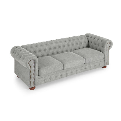 Chesterfield Sofa Tufted Upholstered PU 3-Seater Sofa Scrolled Arms with Nailhead Decoration