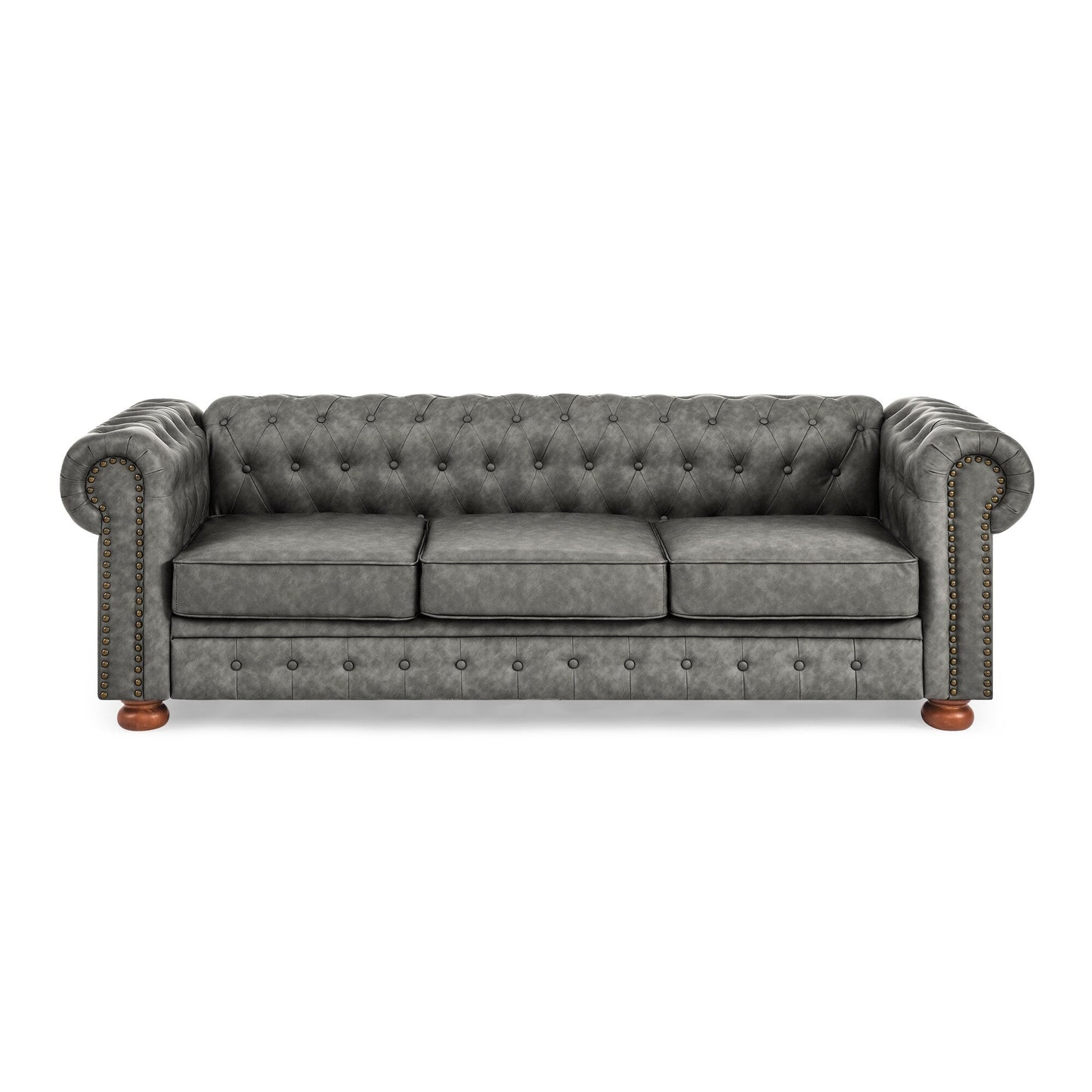 Chesterfield Sofa Tufted Upholstered PU 3-Seater Sofa Scrolled Arms with Nailhead Decoration