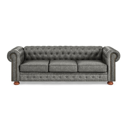 Chesterfield Sofa Tufted Upholstered PU 3-Seater Sofa Scrolled Arms with Nailhead Decoration