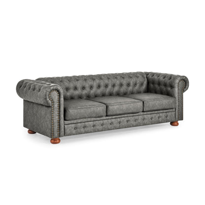 Chesterfield Sofa Tufted Upholstered PU 3-Seater Sofa Scrolled Arms with Nailhead Decoration