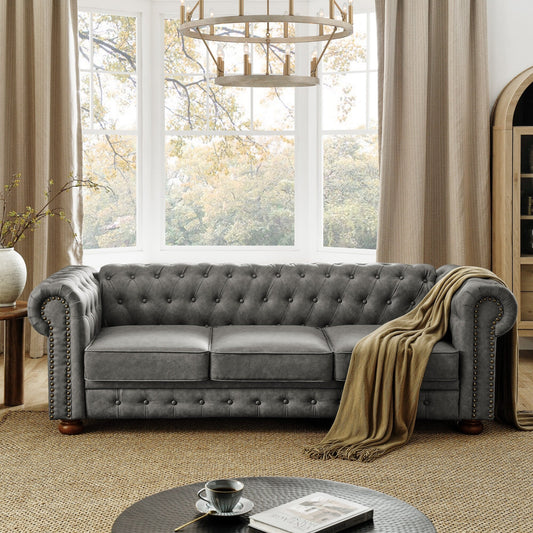 Chesterfield Sofa Tufted Upholstered PU 3-Seater Sofa Scrolled Arms with Nailhead Decoration