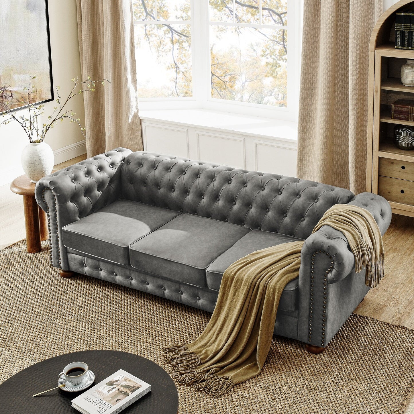 Chesterfield Sofa Tufted Upholstered PU 3-Seater Sofa Scrolled Arms with Nailhead Decoration