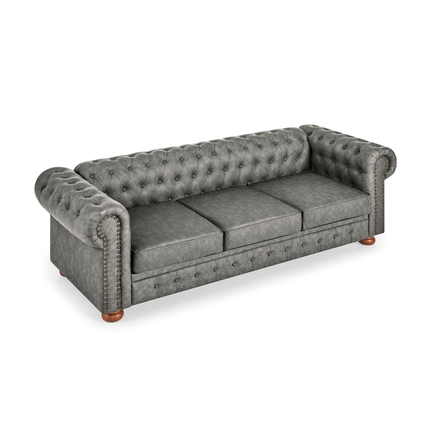 Chesterfield Sofa Tufted Upholstered PU 3-Seater Sofa Scrolled Arms with Nailhead Decoration