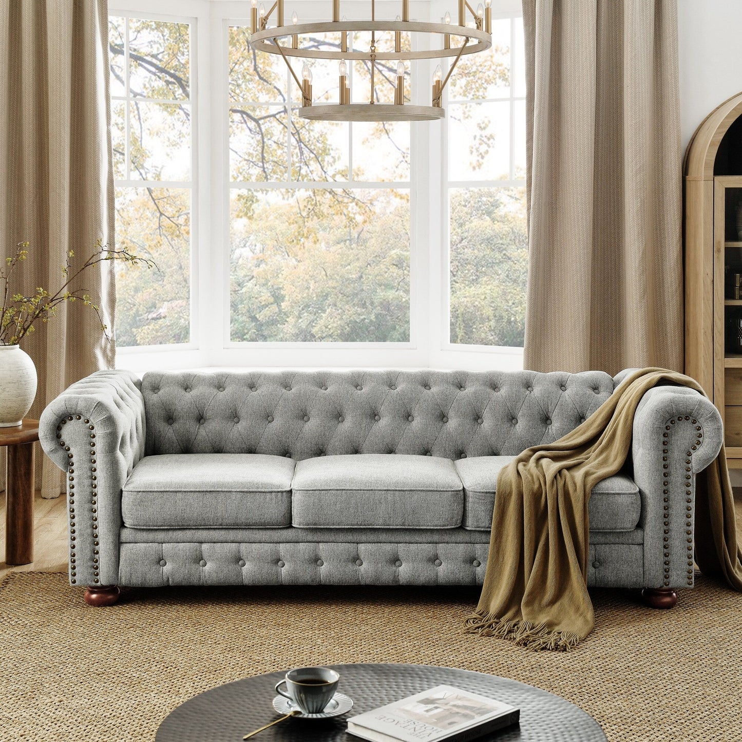 Chesterfield Sofa Tufted Upholstered PU 3-Seater Sofa Scrolled Arms with Nailhead Decoration